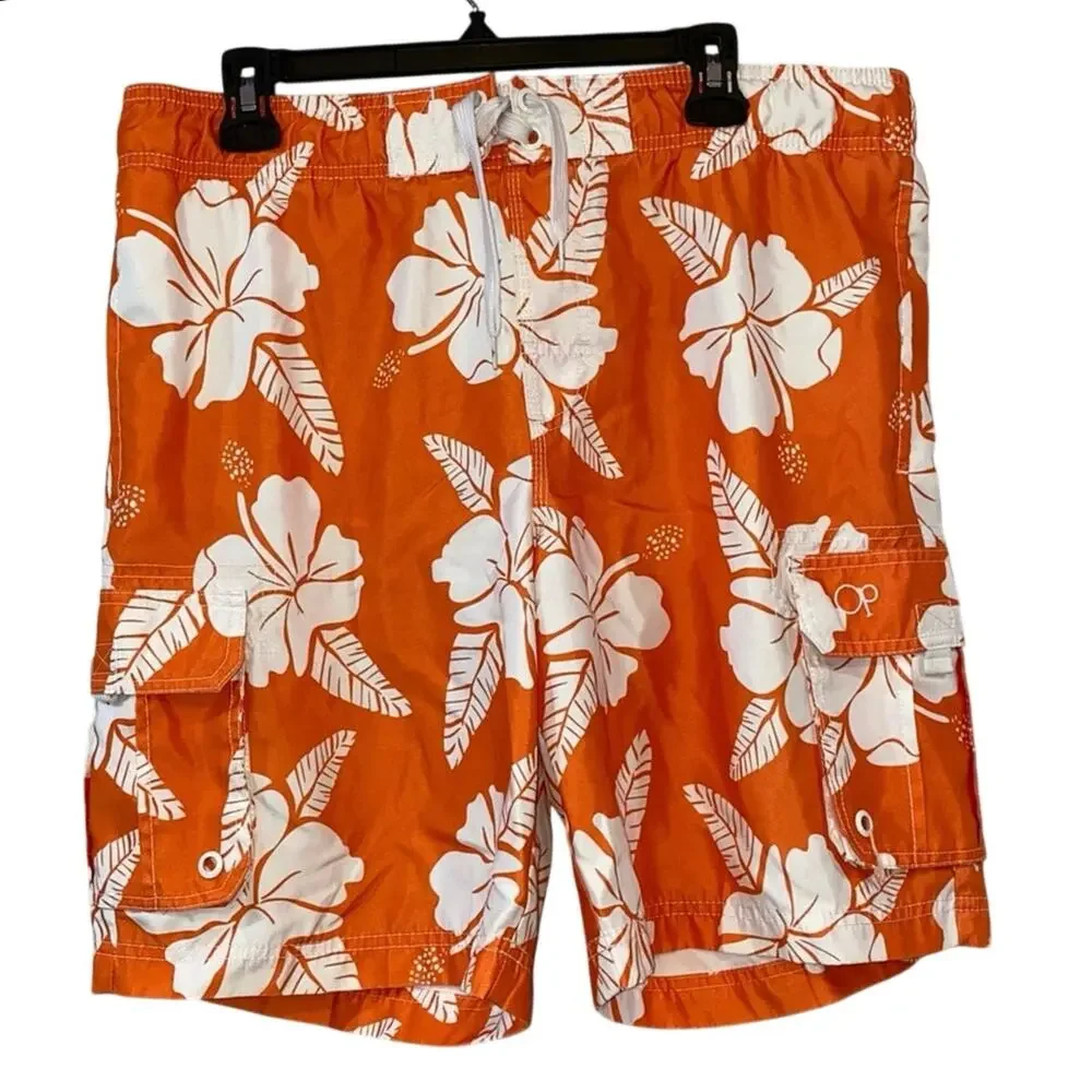OP Men's Medium Orange Hawaiian Floral‎ Swim Trunks Board Shorts